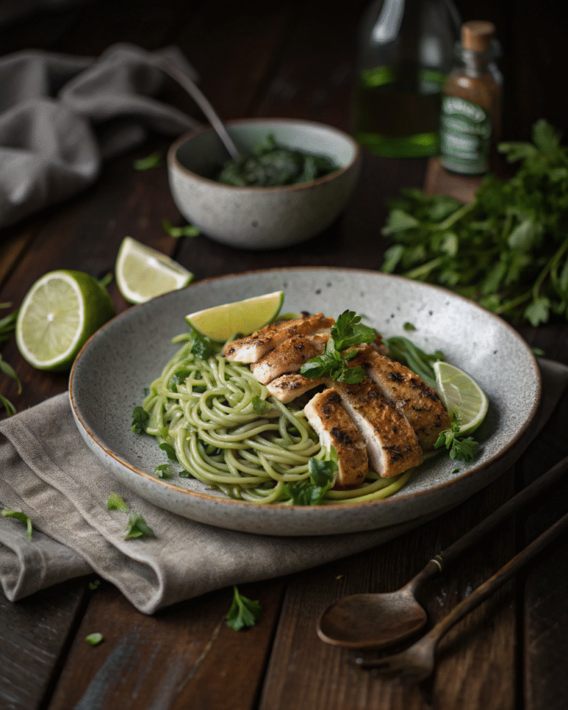 Served Green Spaghetti with Grilled Chicken