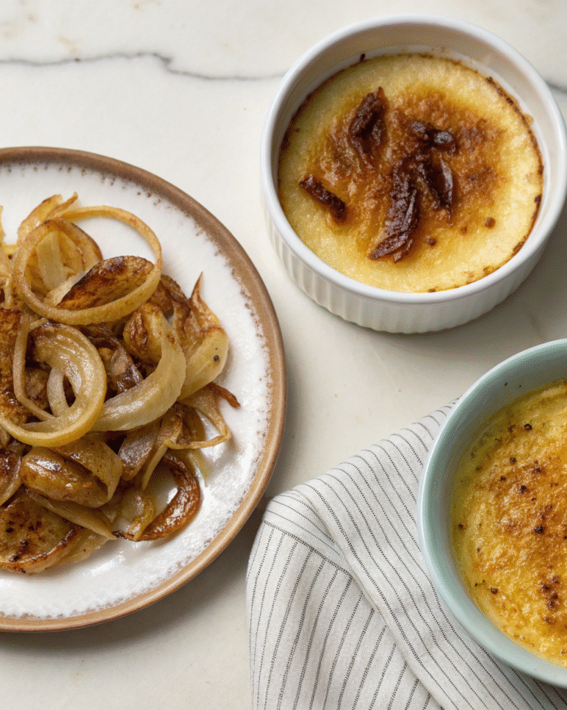 Kitchen torch caramelizing sugar on crème brûlée