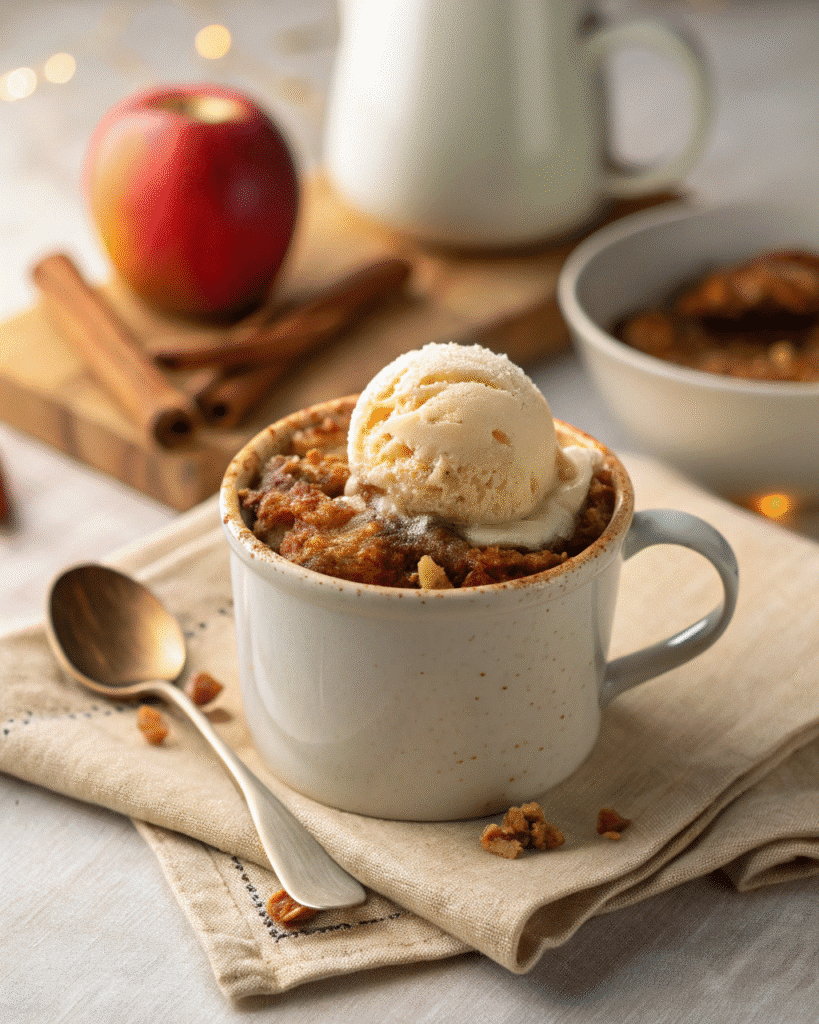 Apple crisp mug cake with ice cream