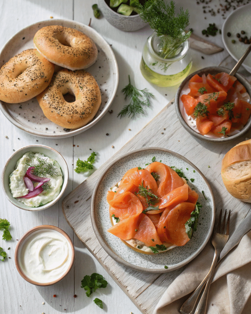 Assorted smoked salmon recipes on a rustic wooden table