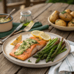 Smoked salmon with garlic herb butter and vegetables on rustic plate