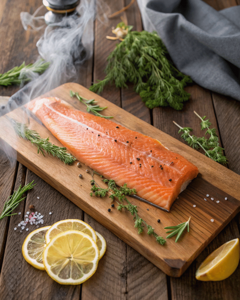 Smoked salmon on wooden plank with herbs
How Many Hours Should You Smoke Salmon?
