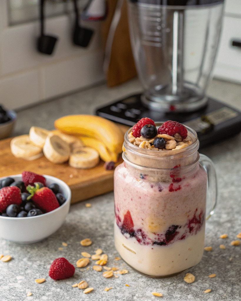Cottage cheese smoothie with banana and berries
