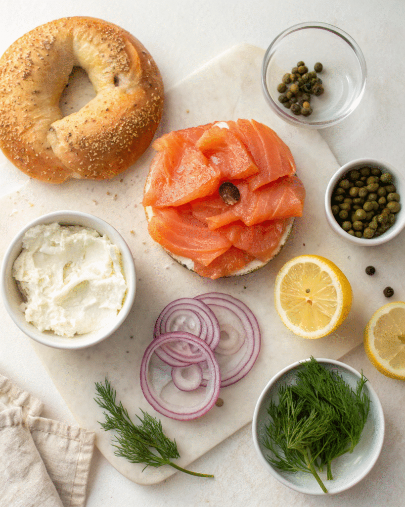 Ingredients for smoked salmon bagel with cream cheese and dill
