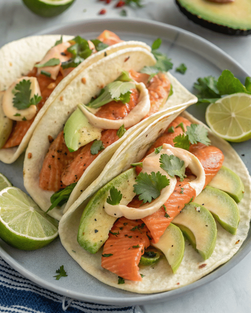 smoked salmon taco with avocado and herbs