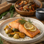 Brown sugar smoked salmon served with roasted vegetables