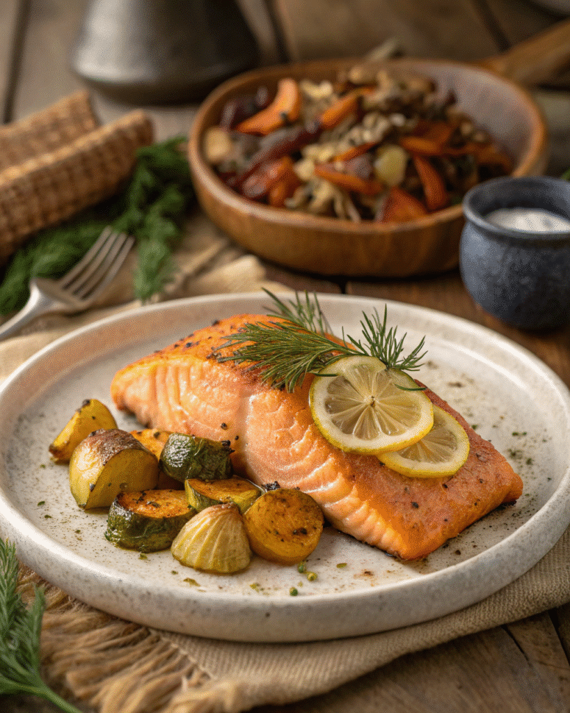 Brown sugar smoked salmon served with roasted vegetables