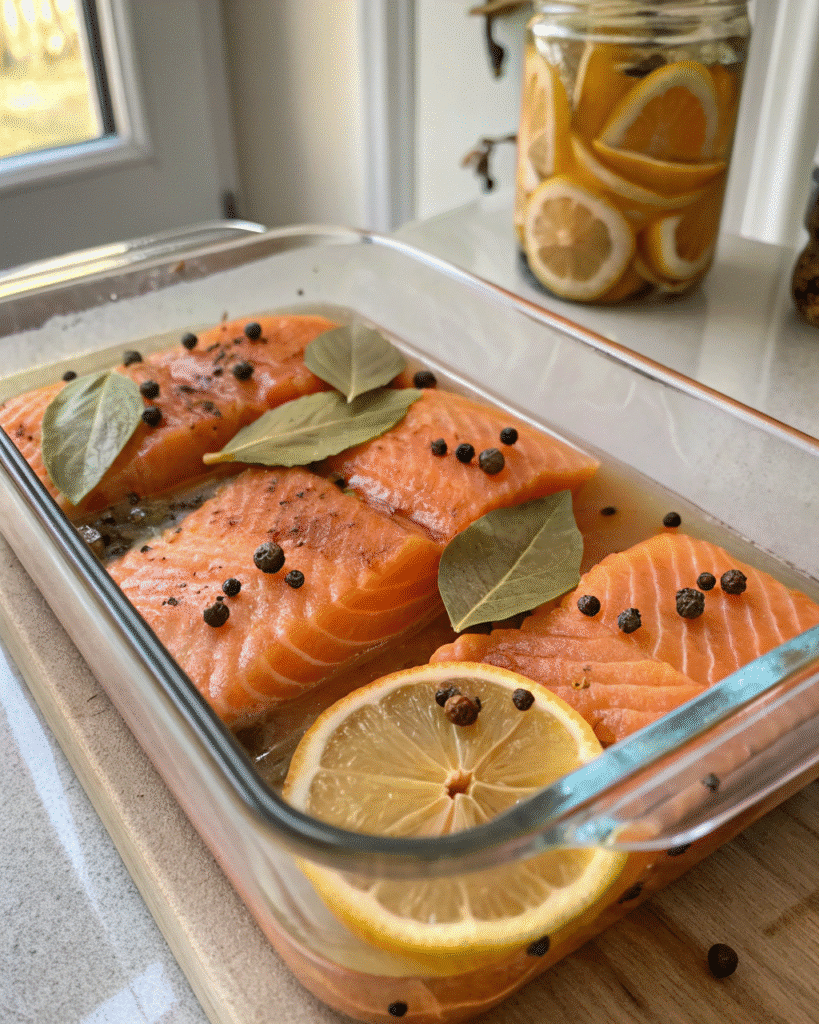 Salmon fillets in brine before smoking