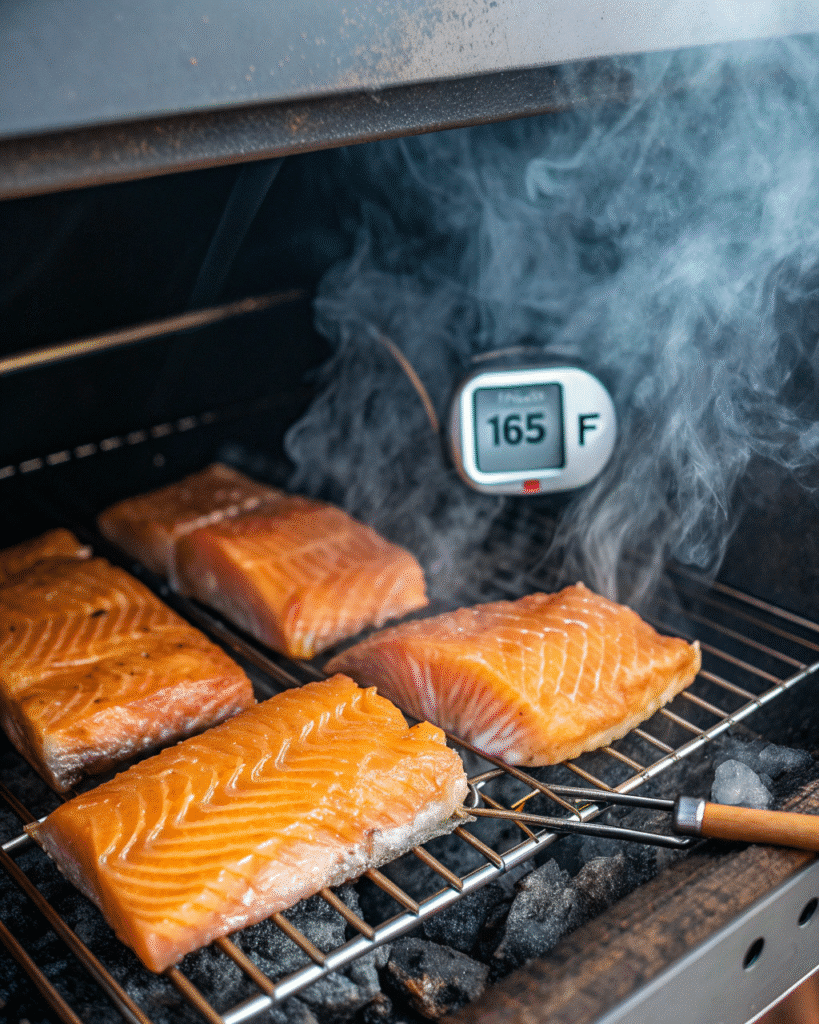 Hot smoking salmon at 165°F inside smoker