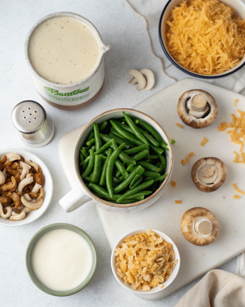 Ingredients for green bean casserole in a mug