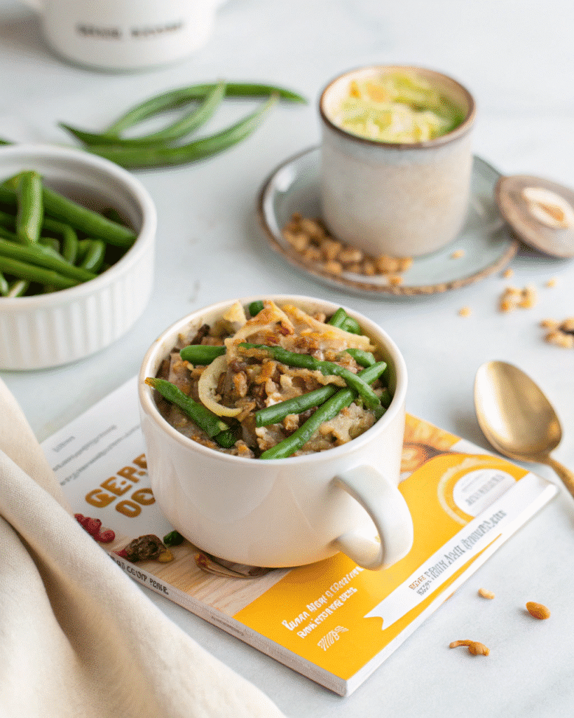 Recipe card photo of green bean casserole in a mug