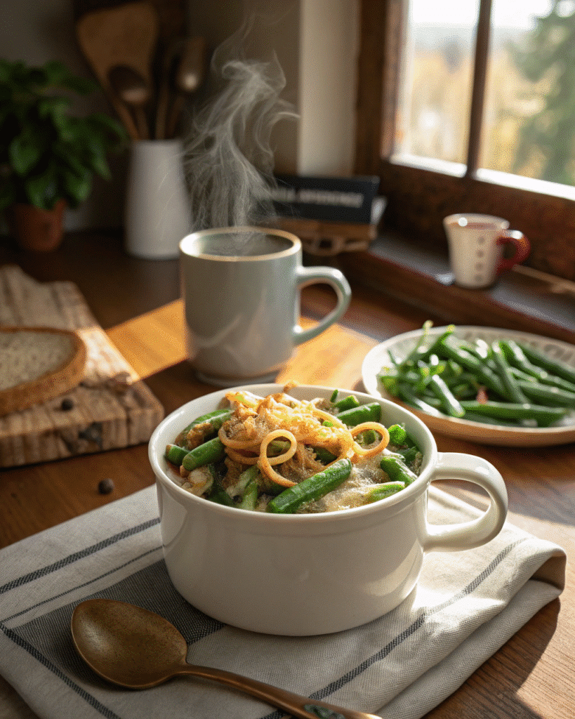 Served green bean casserole in a mug