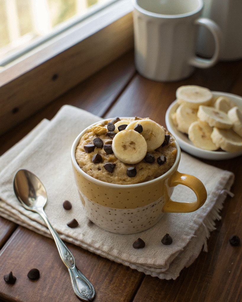 Served peanut butter banana mug cake with toppings