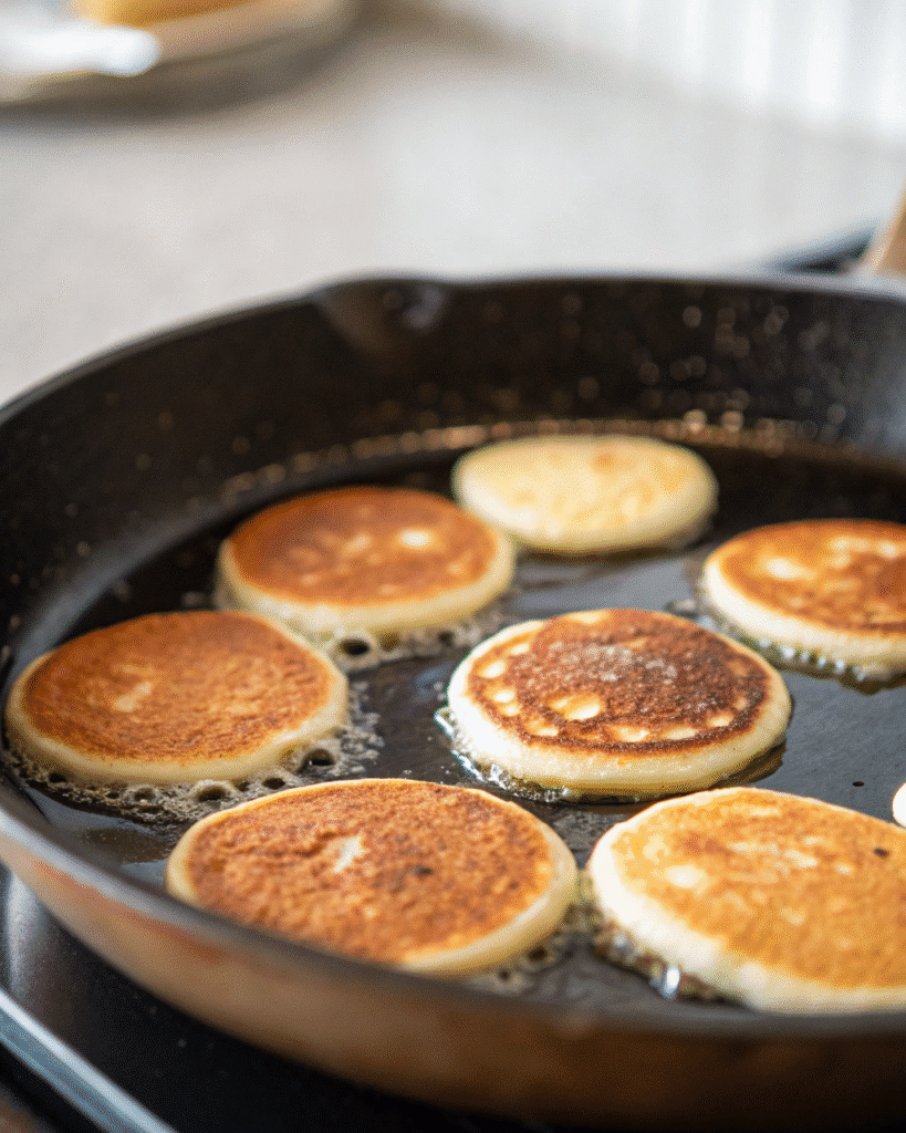 Cottage cheese baby pancakes cooking in skillet