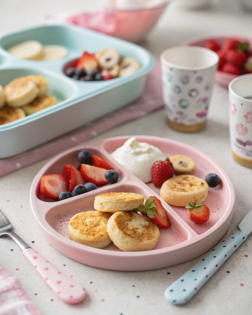 Cottage cheese baby pancakes served for toddler