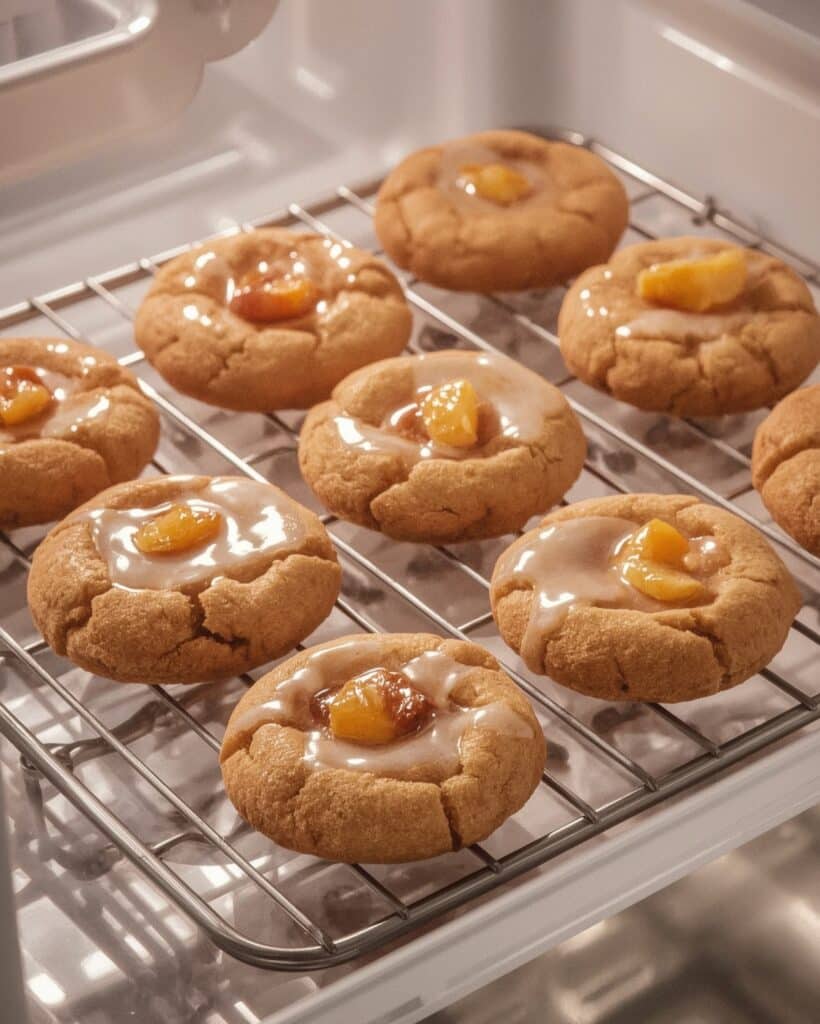 Chilled peach cookies on rack inside fridge