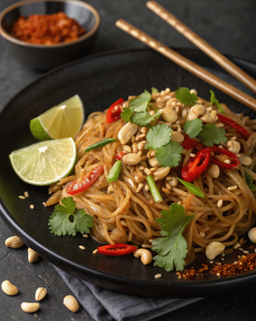 Plated kelp noodle Pad Thai with garnishes
Kelp Noodle Recipes