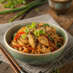 served chicken lo mein in bowl
