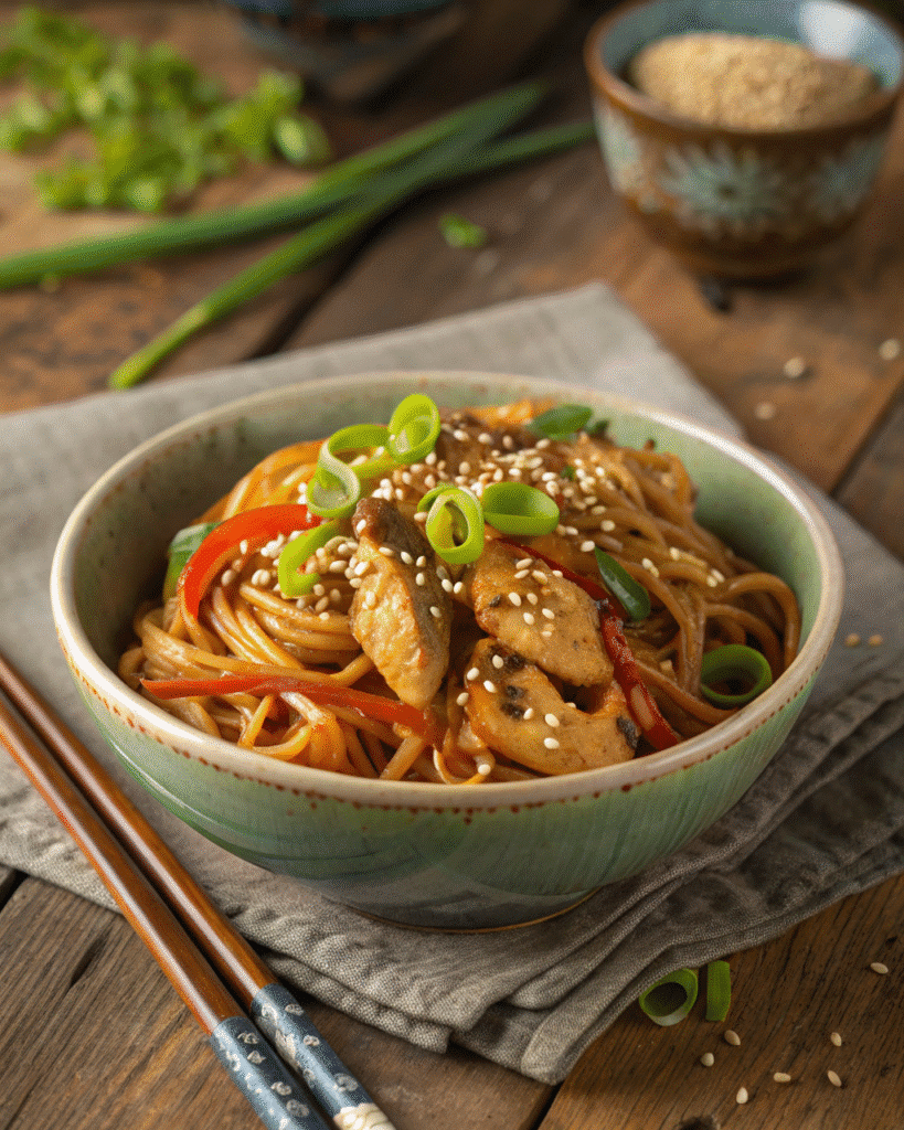 served chicken lo mein in bowl