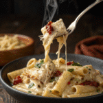 Fork lifting creamy chicken Tuscan pasta