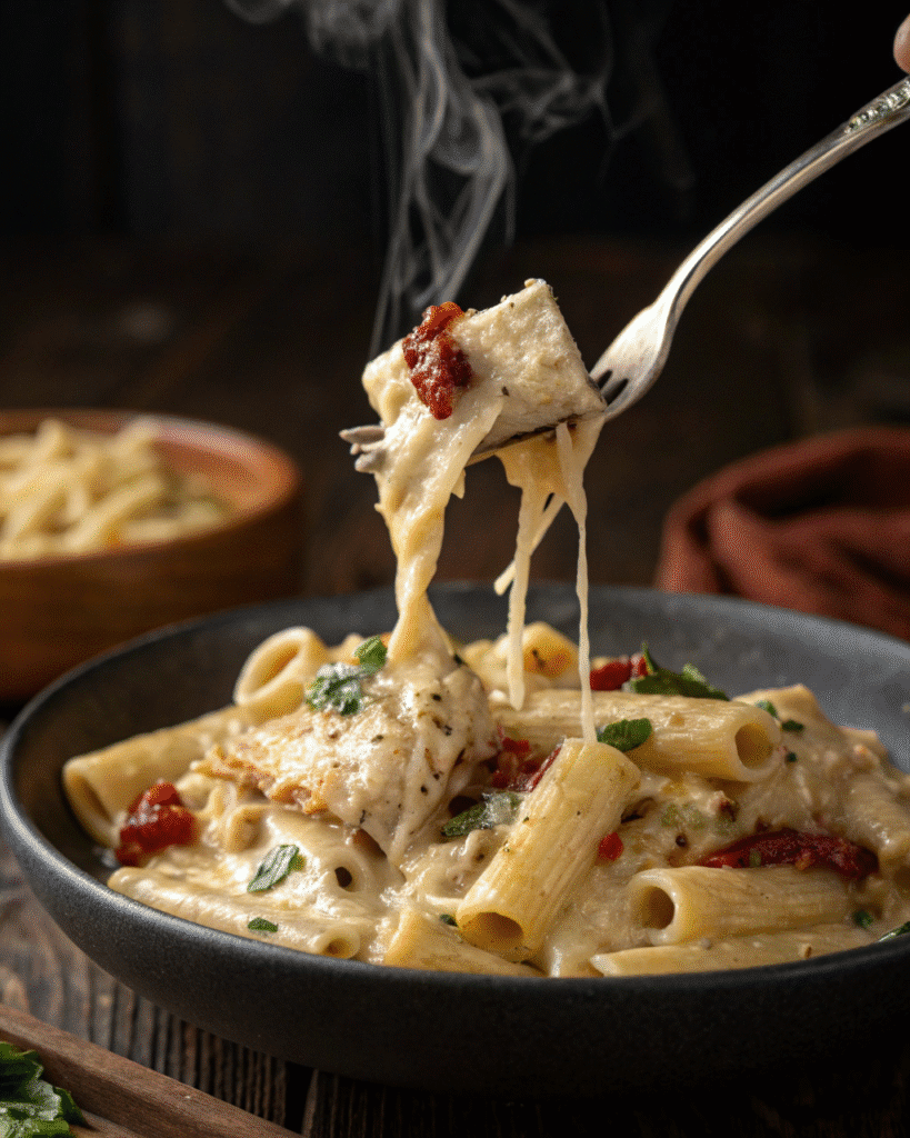 Fork lifting creamy chicken Tuscan pasta