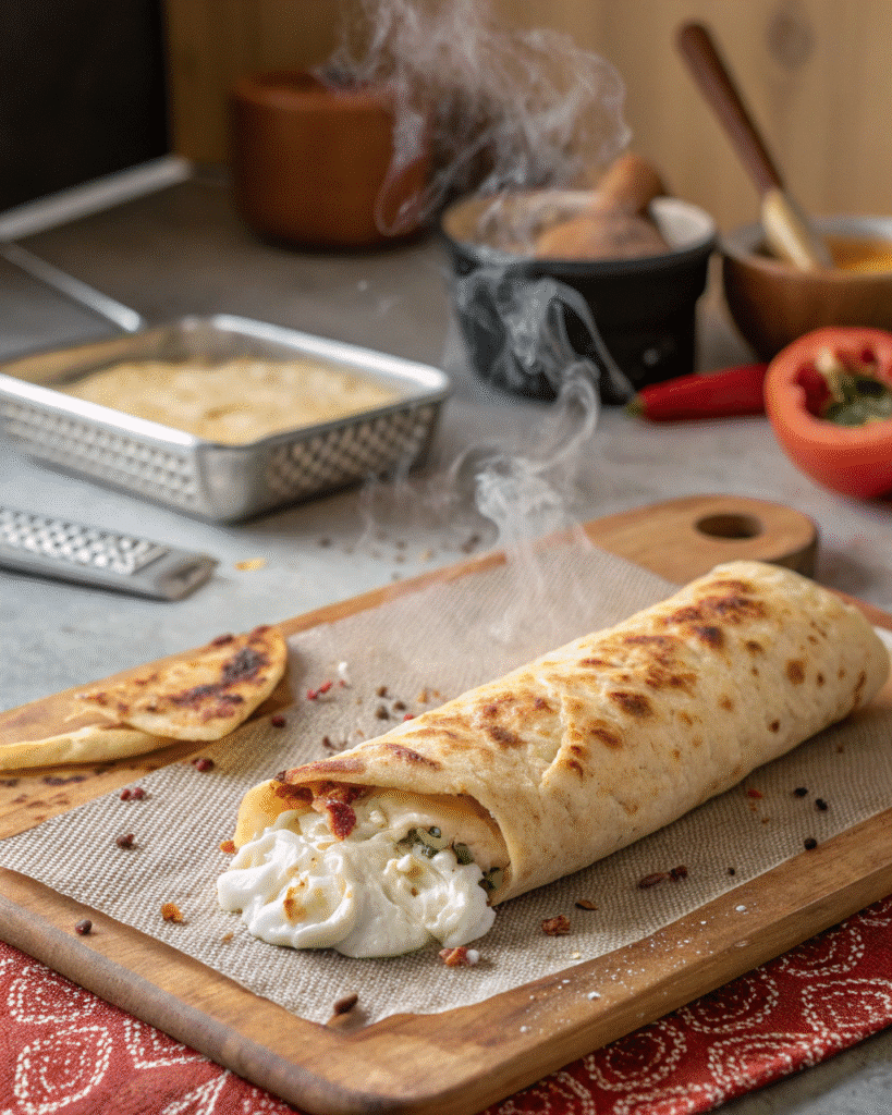 cooked cottage cheese wrap being flipped