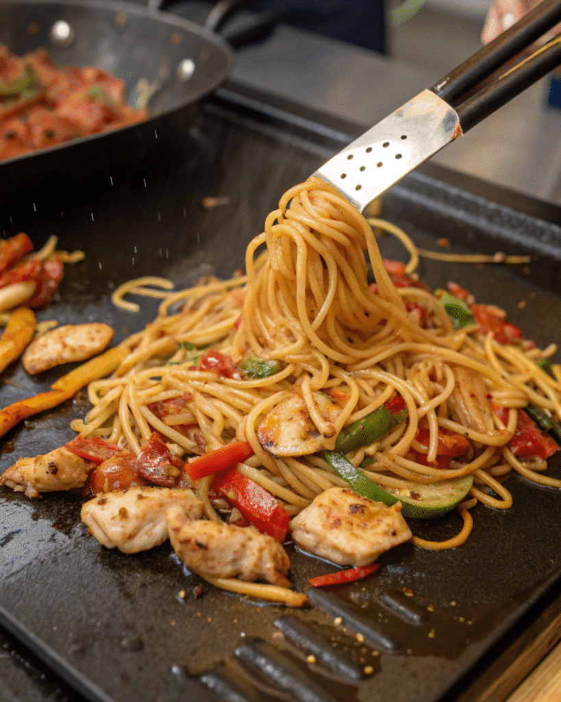 lo mein noodles tossed on flat top grill