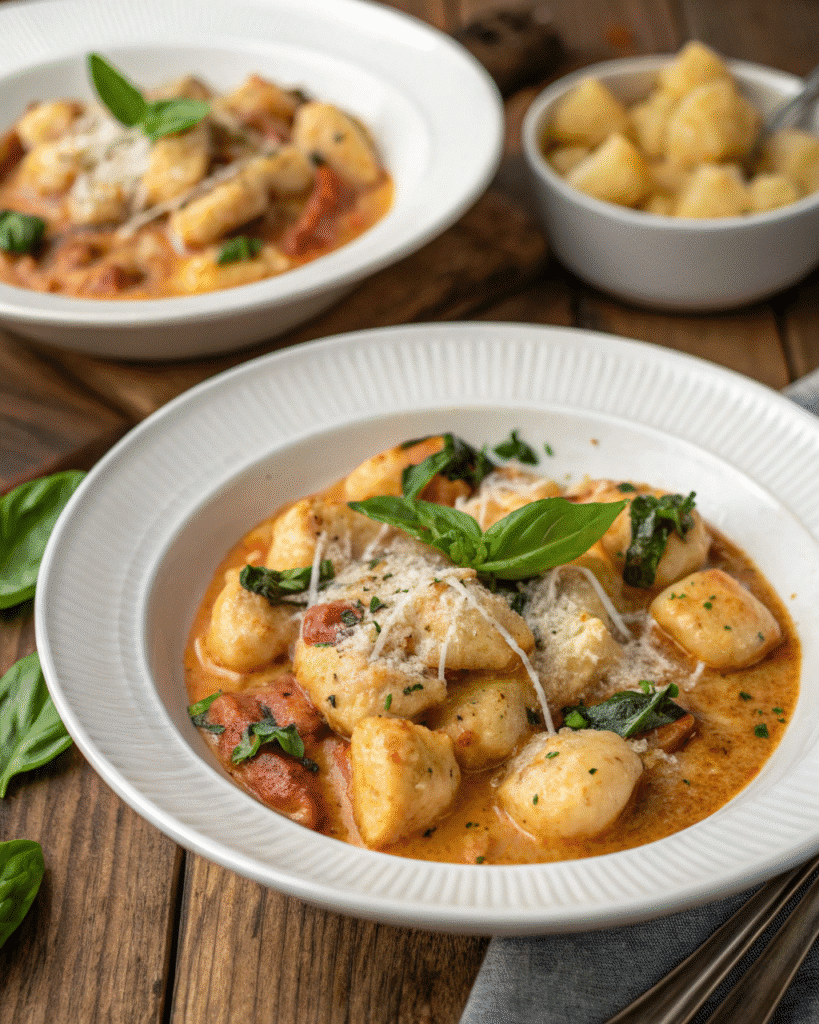 Served Tuscan Chicken Gnocchi in Bowls