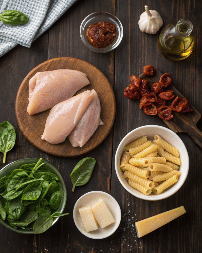 Chicken Tuscan Pasta ingredients flat lay