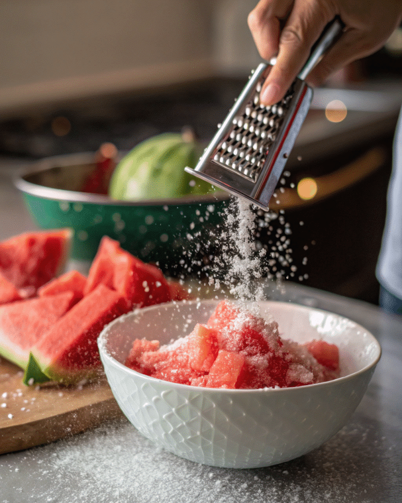 Grating watermelon into shaved ice