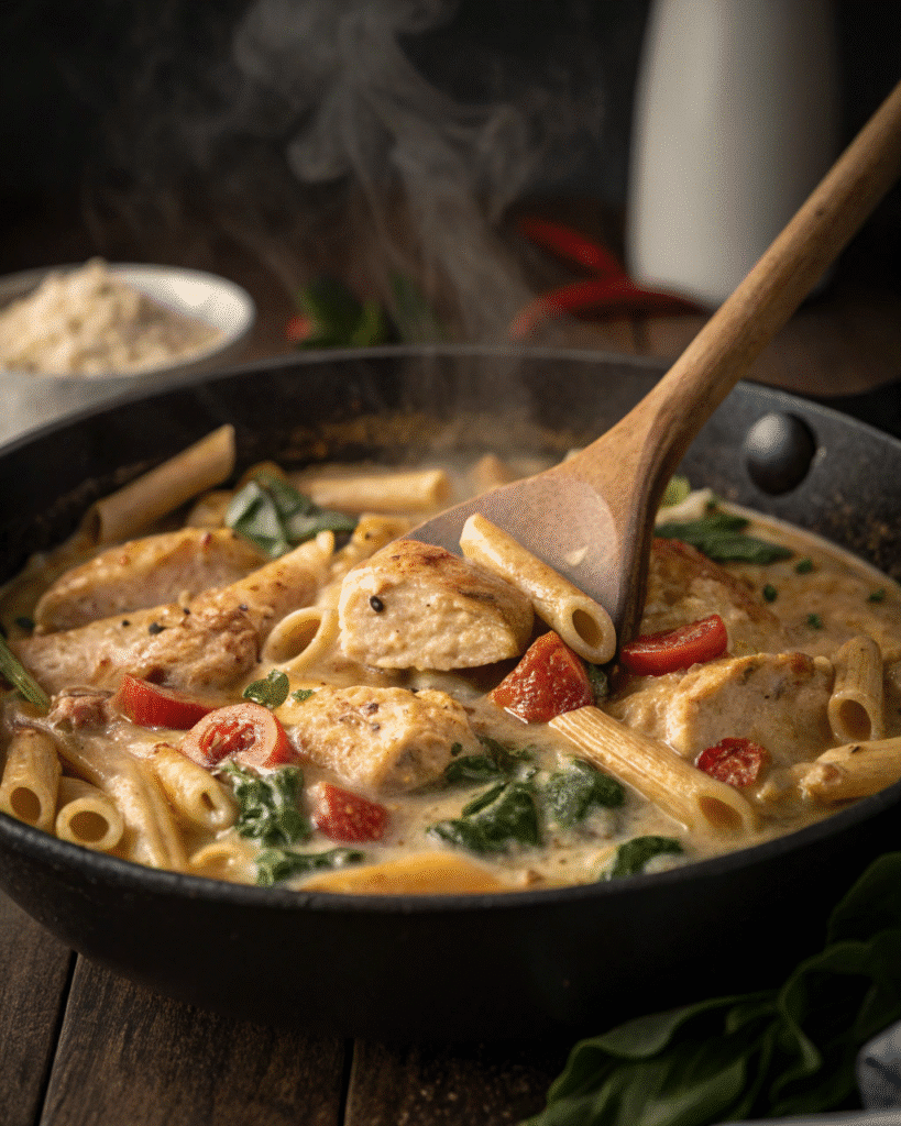 Chicken Tuscan Pasta served with garlic bread