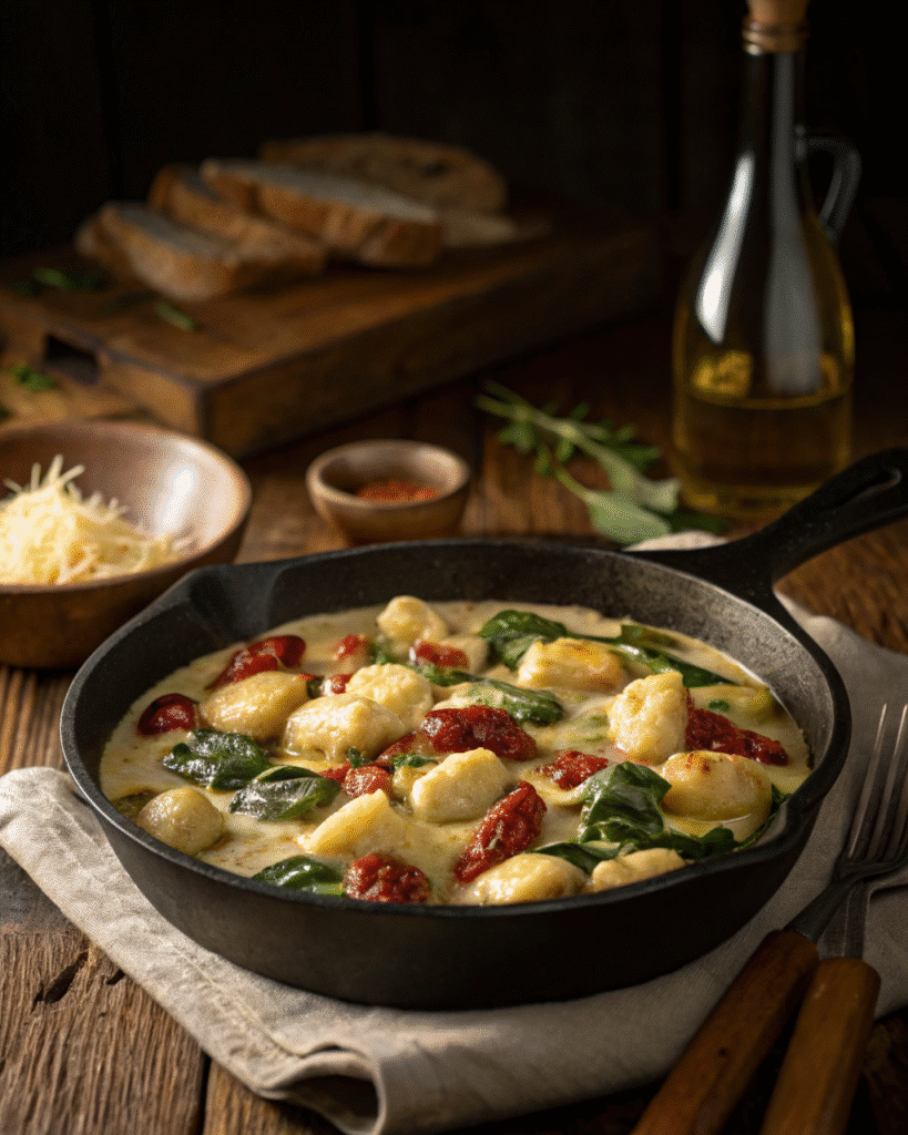 Tuscan Chicken Gnocchi in Cast Iron Skillet