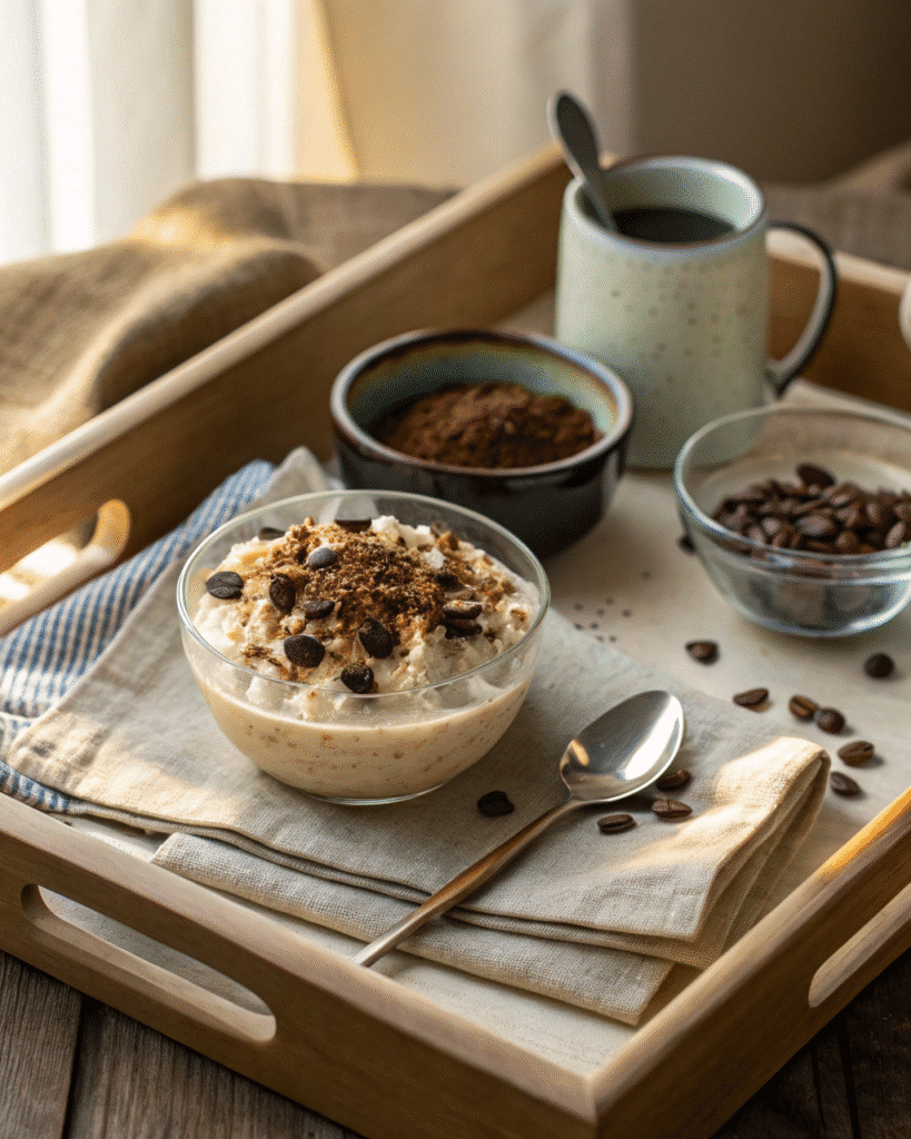 served tiramisu oats breakfast