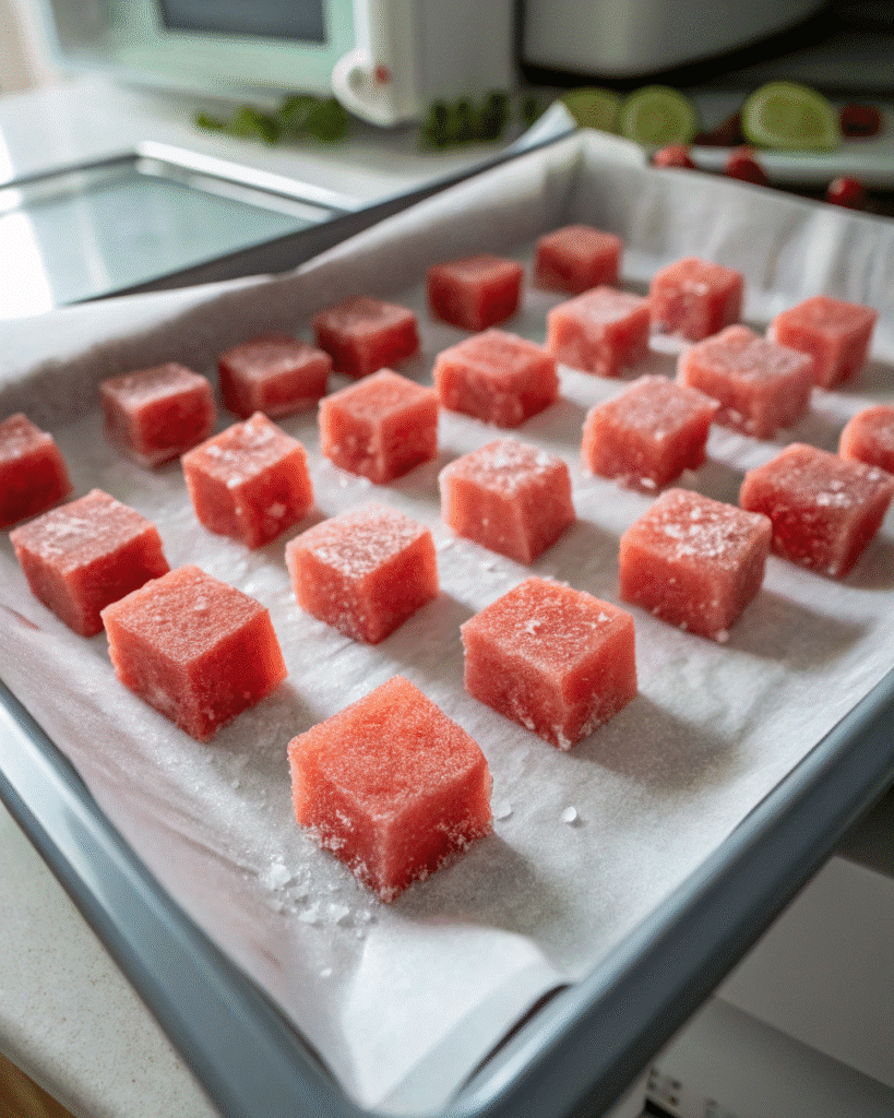 Watermelon cubes freezing for shaved ice