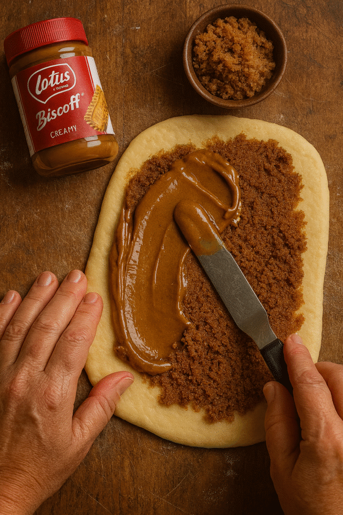 Spreading Biscoff cookie butter on cinnamon roll dough