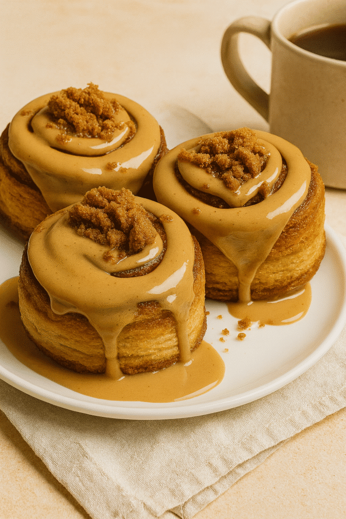 Biscoff Cookie Butter Cinnamon Rolls in a rustic kitchen setting