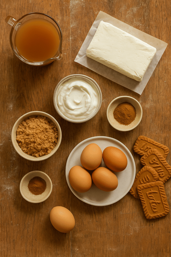 Ingredients for apple cider cheesecake laid out on table