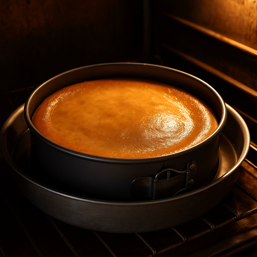 Apple cider cheesecake baking in water bath