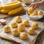 Homemade baby puffs on parchment paper with baby's hand