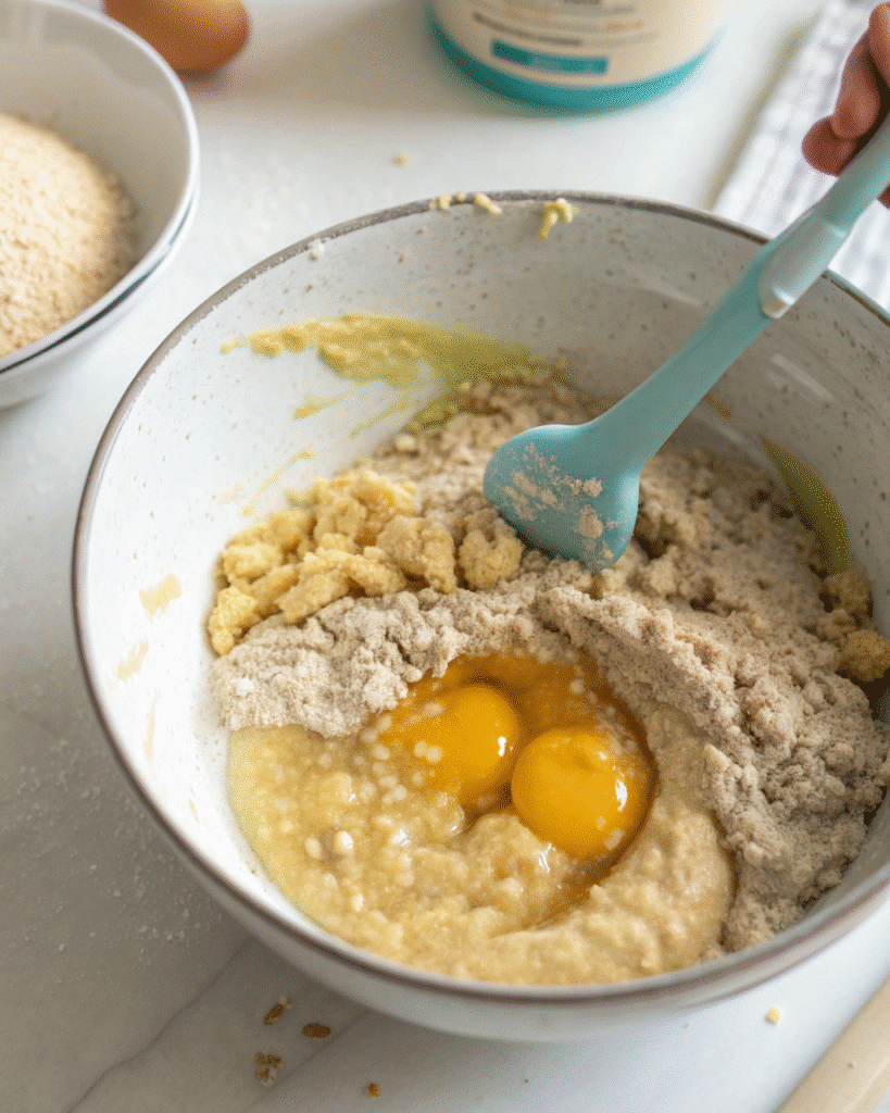 Mixing banana and oat flour for baby puffs