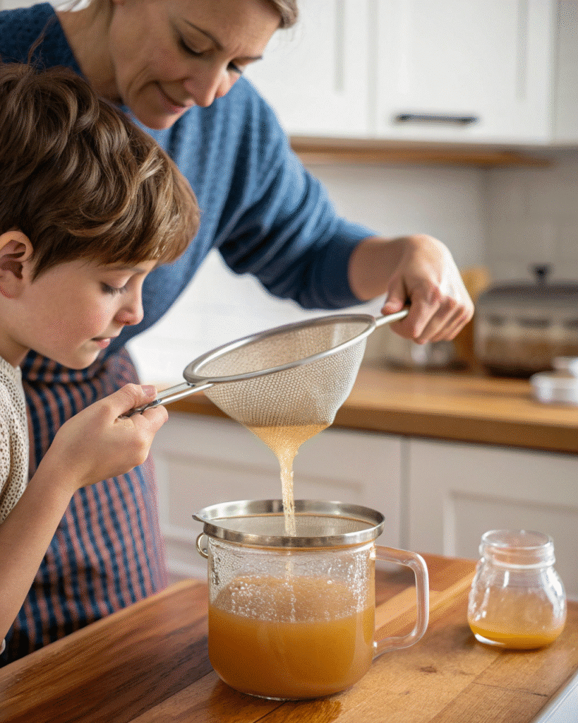 Straining homemade bone broth for babies