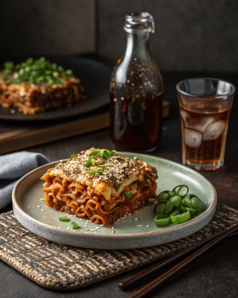 Slice of spicy ramen lasagna served with garnish and iced tea