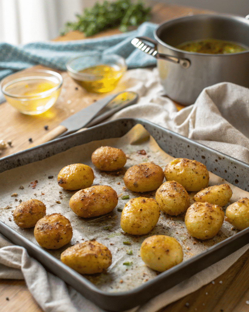 Smashed potatoes ready to be baked