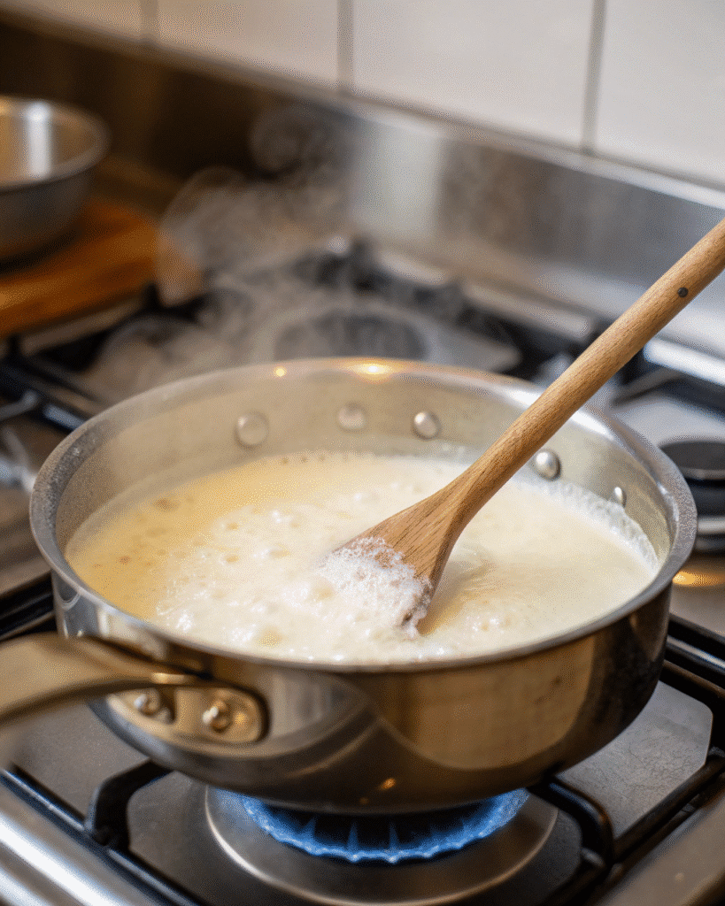 Boiling cream and sugar in saucepan for lemon posset