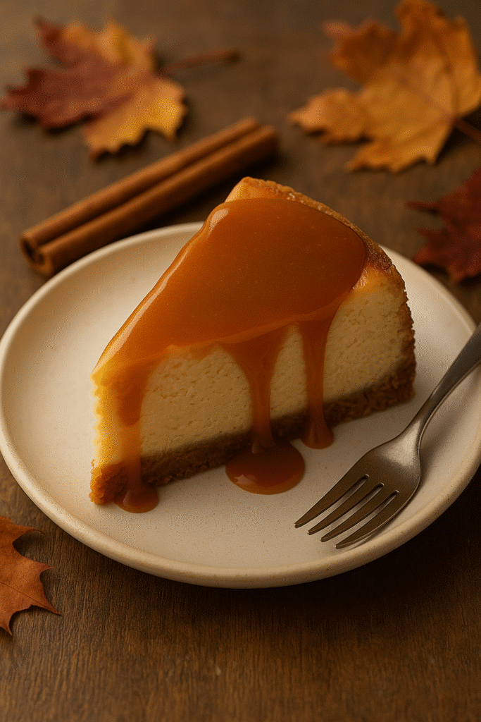 Slice of apple cider cheesecake with caramel drizzle