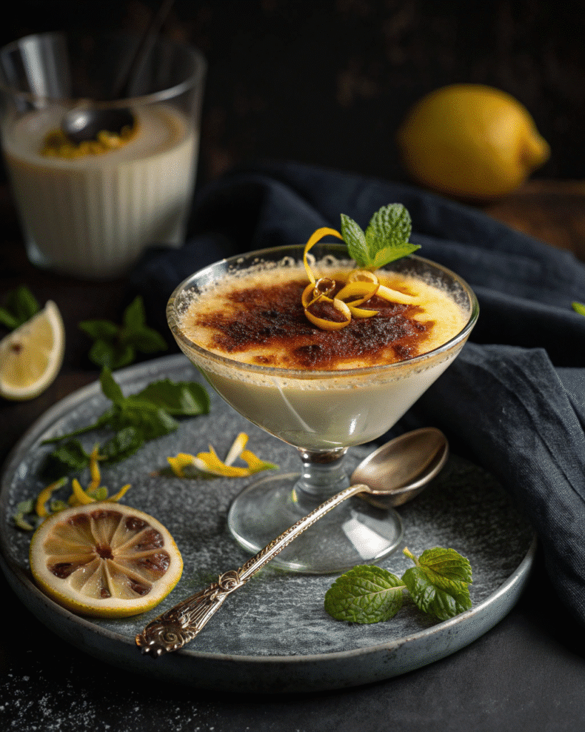 Served lemon posset with caramelized sugar top