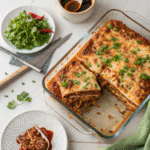 Spicy ramen lasagna with one slice cut out to reveal layers