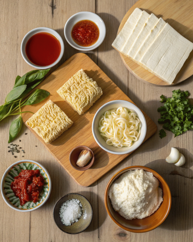 Ingredients for spicy ramen lasagna laid out on a counter