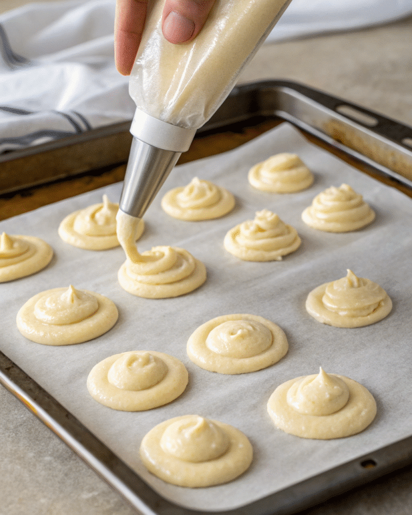 Piping homemade baby puff batter onto tray