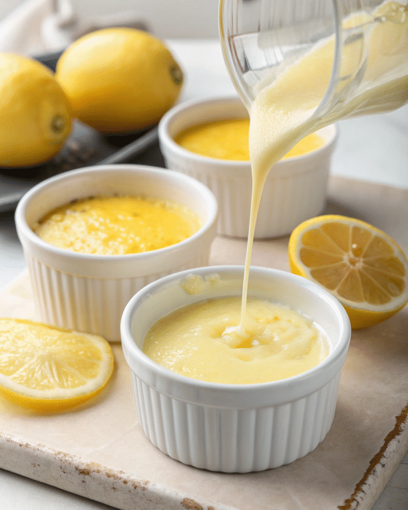 Pouring lemon cream into ramekins before chilling